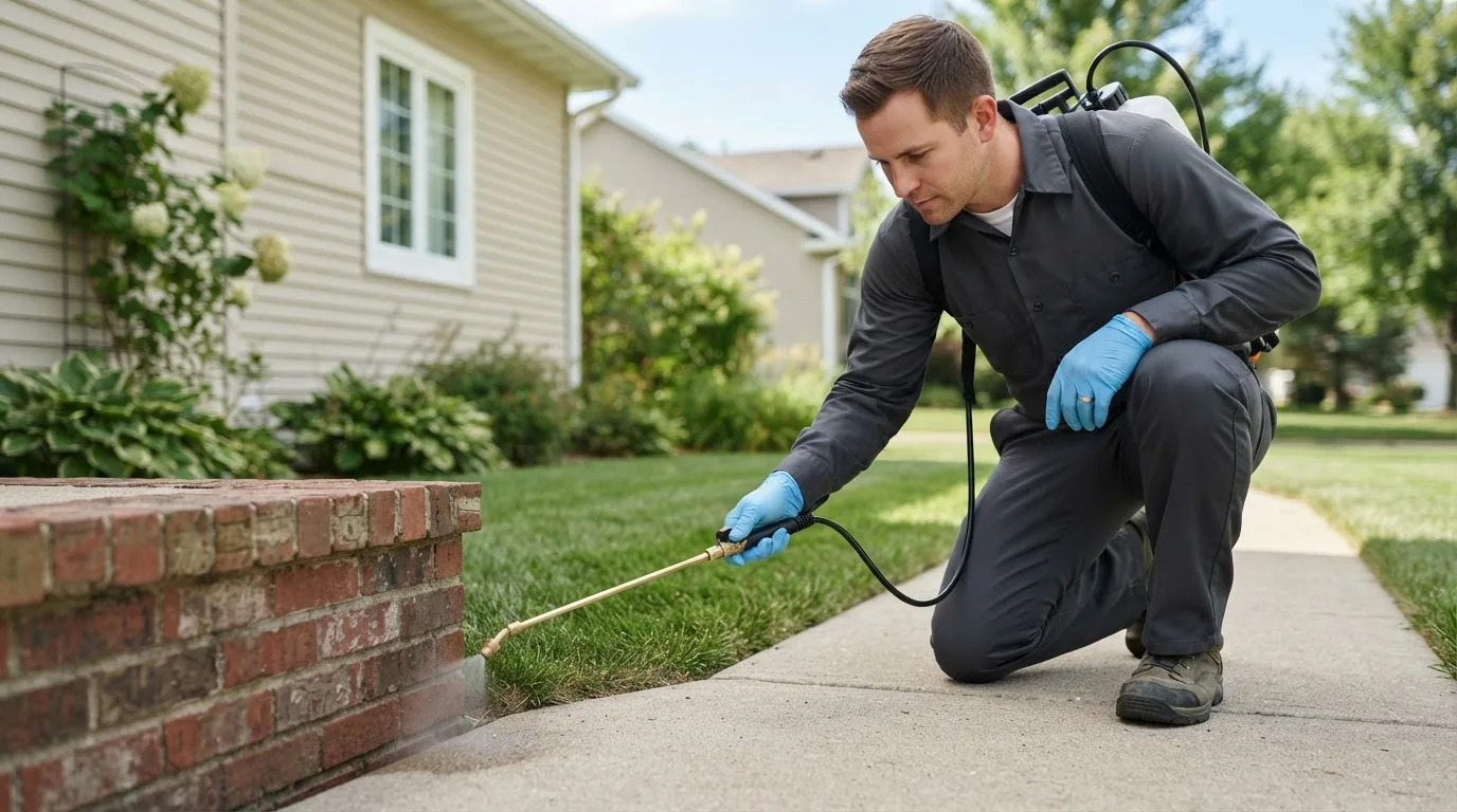 Pest control technician treating a home near Temperanceville, VA