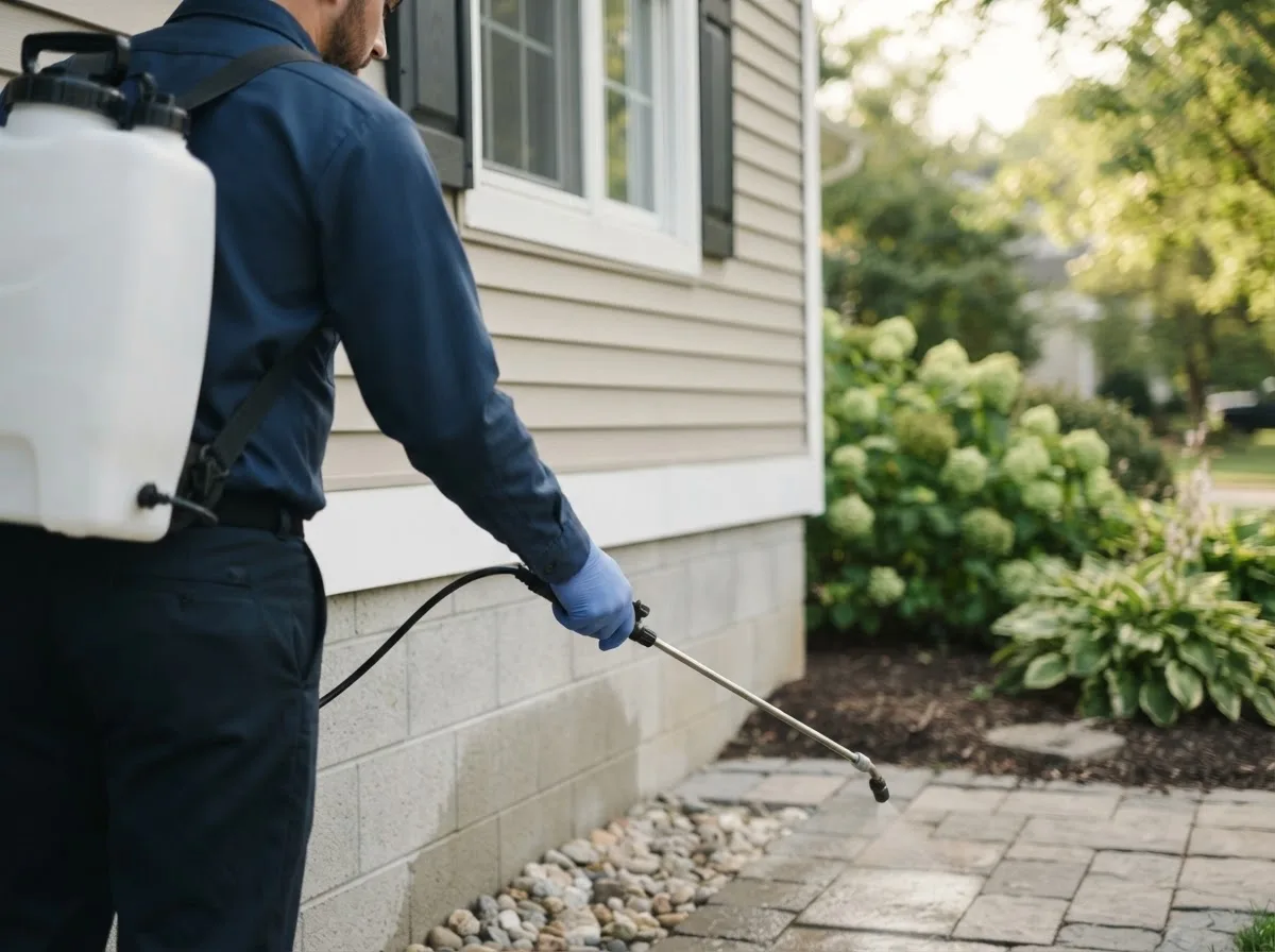 Pest control technician inspecting a home in Temperanceville, VA